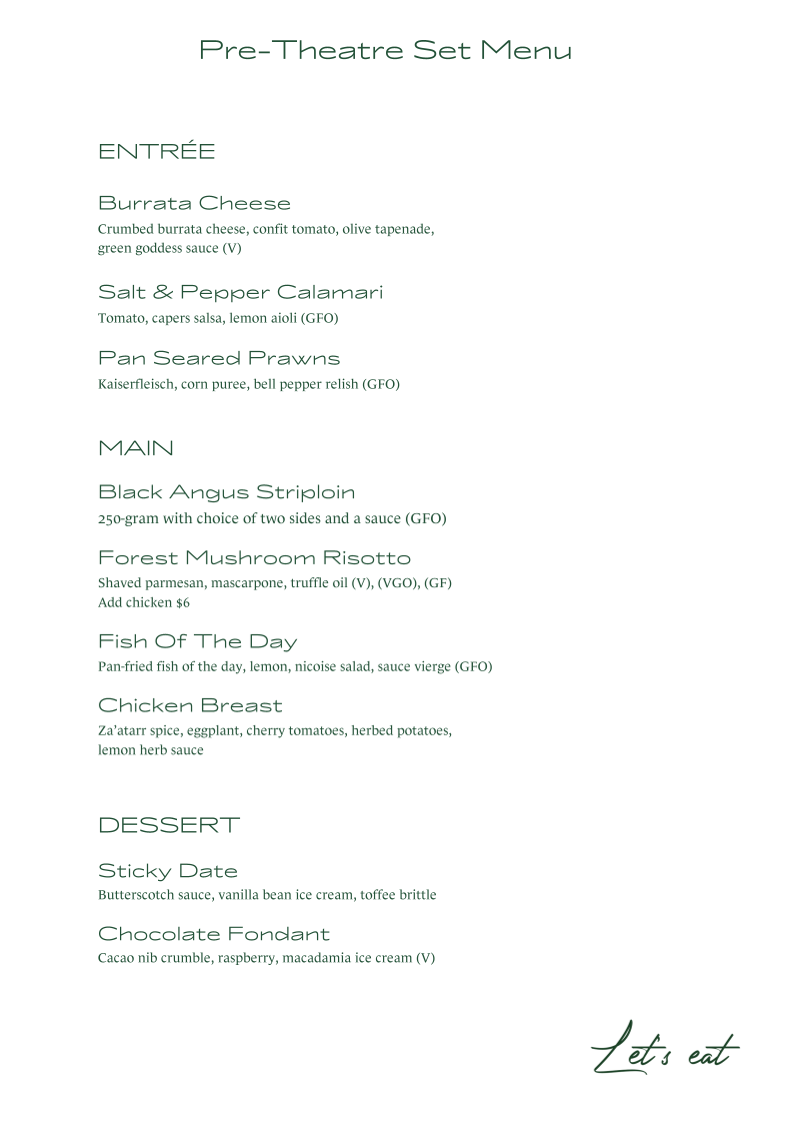 Menu, Rosana Bistro + Bar