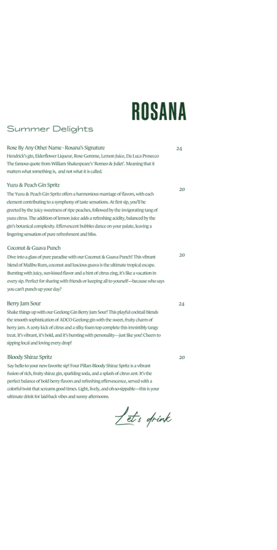 Menu, Rosana Bistro + Bar