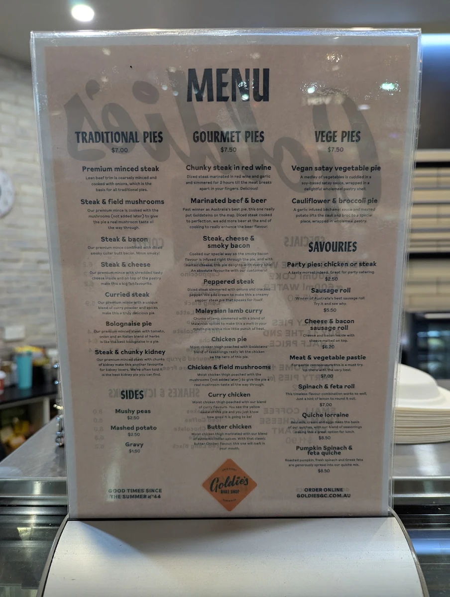 Menu, Goldies (Goldsteins) Bake Shop - Nerang