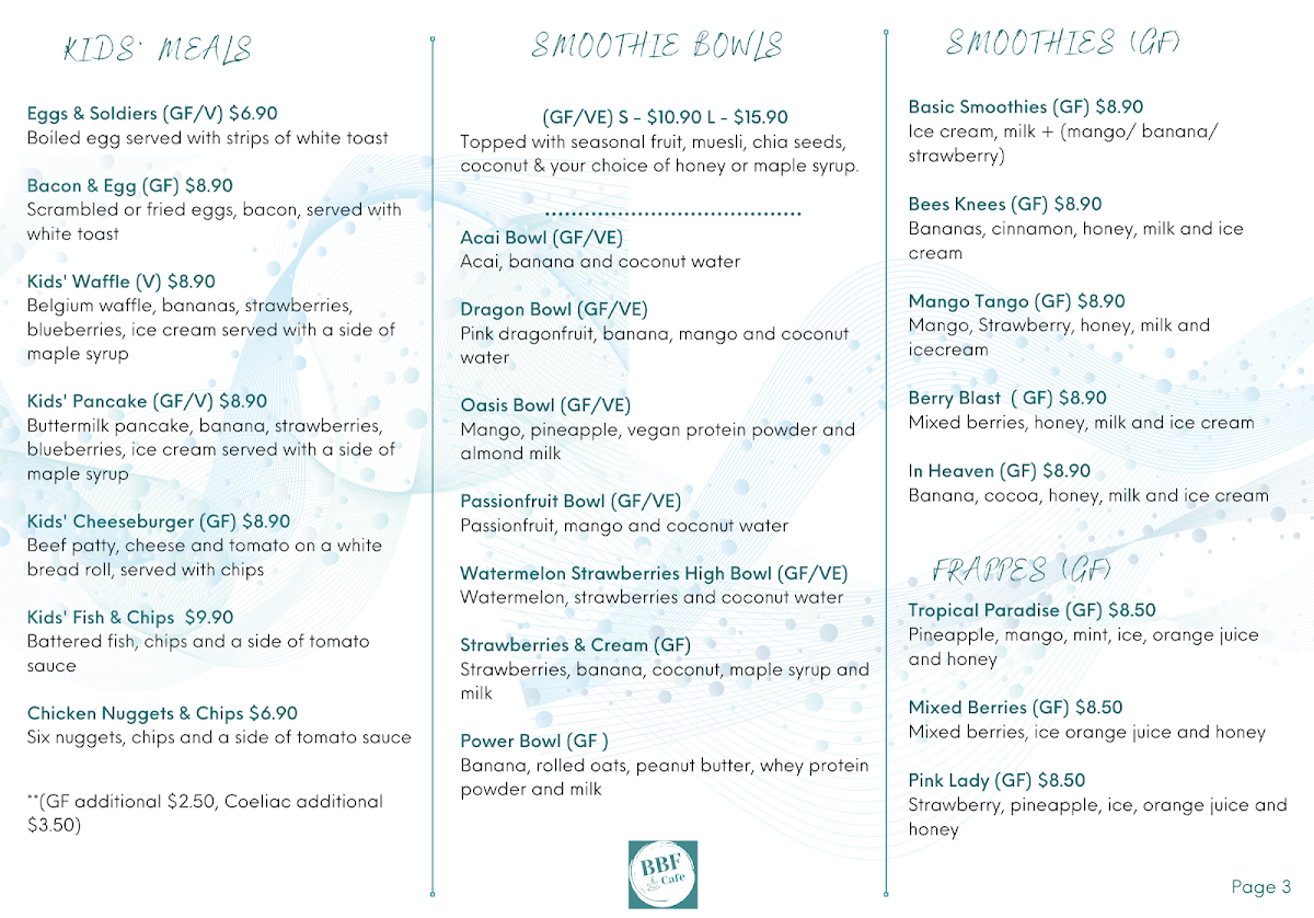 Menu, Bullcom Pty Limited Trading As BBF Cafe