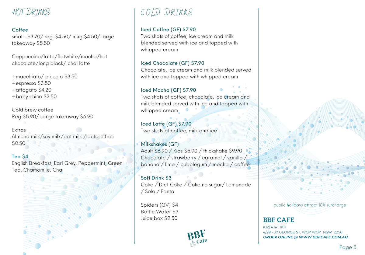 Menu, Bullcom Pty Limited Trading As BBF Cafe
