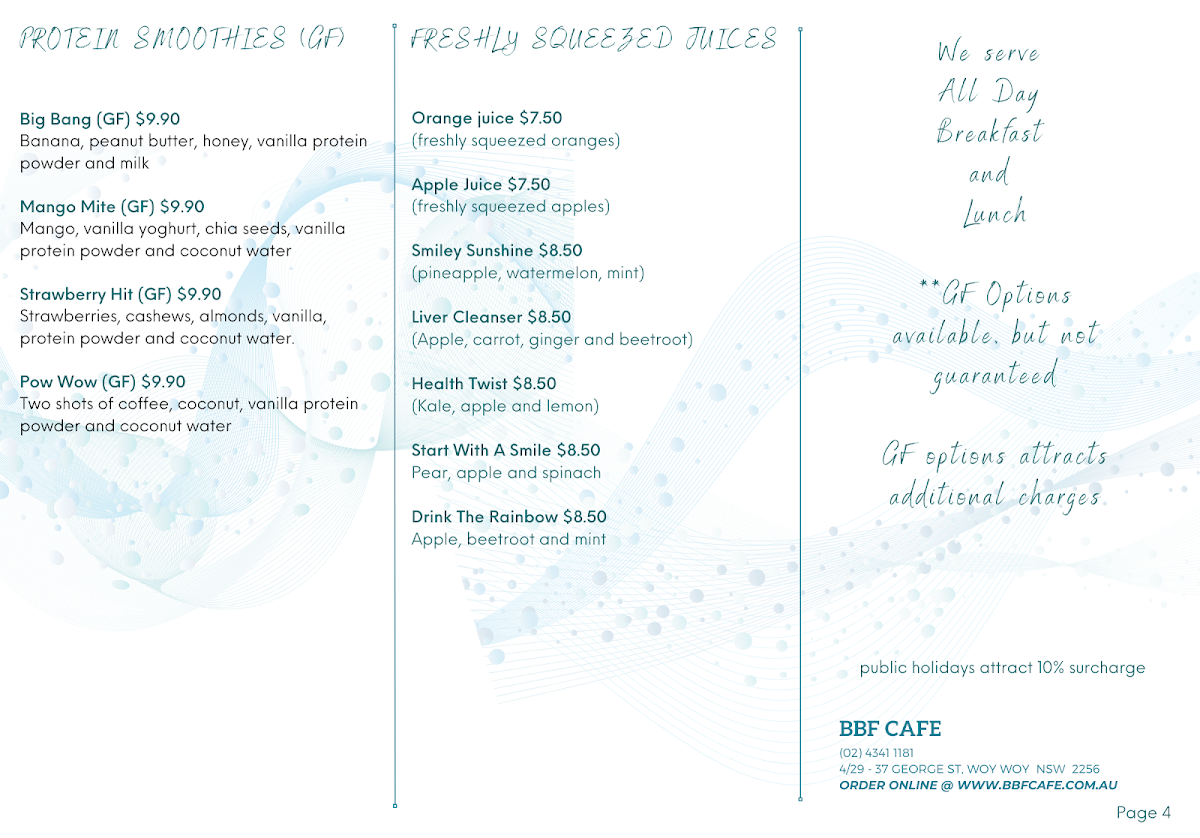 Menu, Bullcom Pty Limited Trading As BBF Cafe