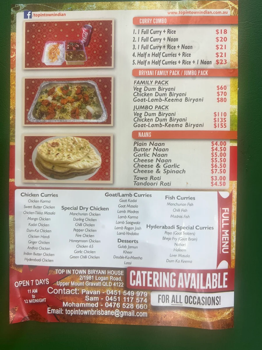 Menu, Top In Town Upper Mt Gravatt