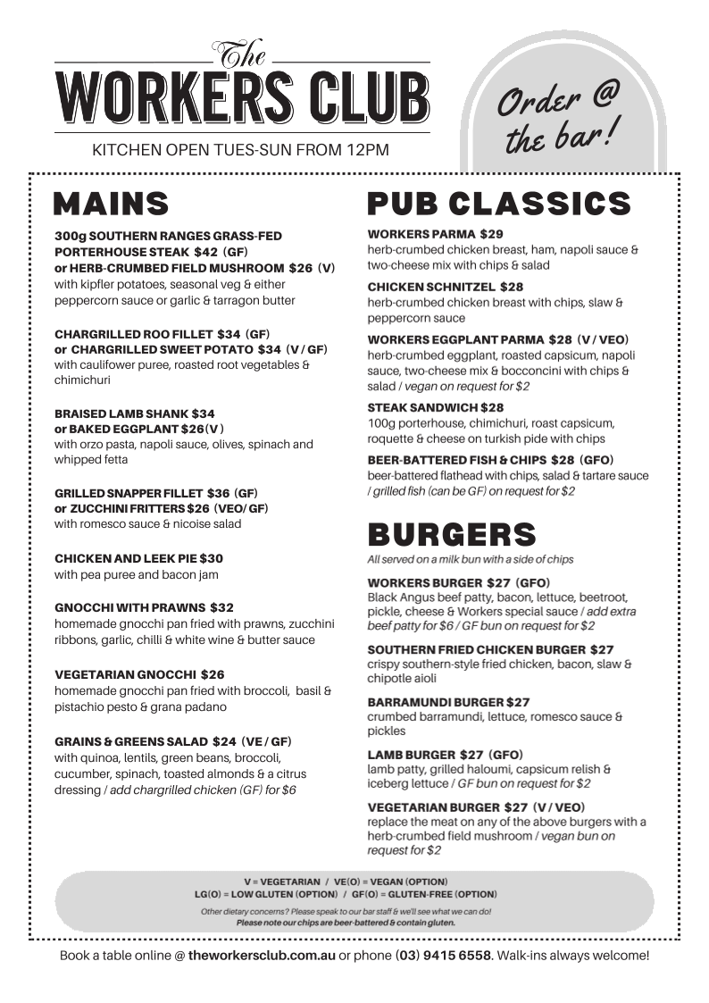 Menu, The Workers Club