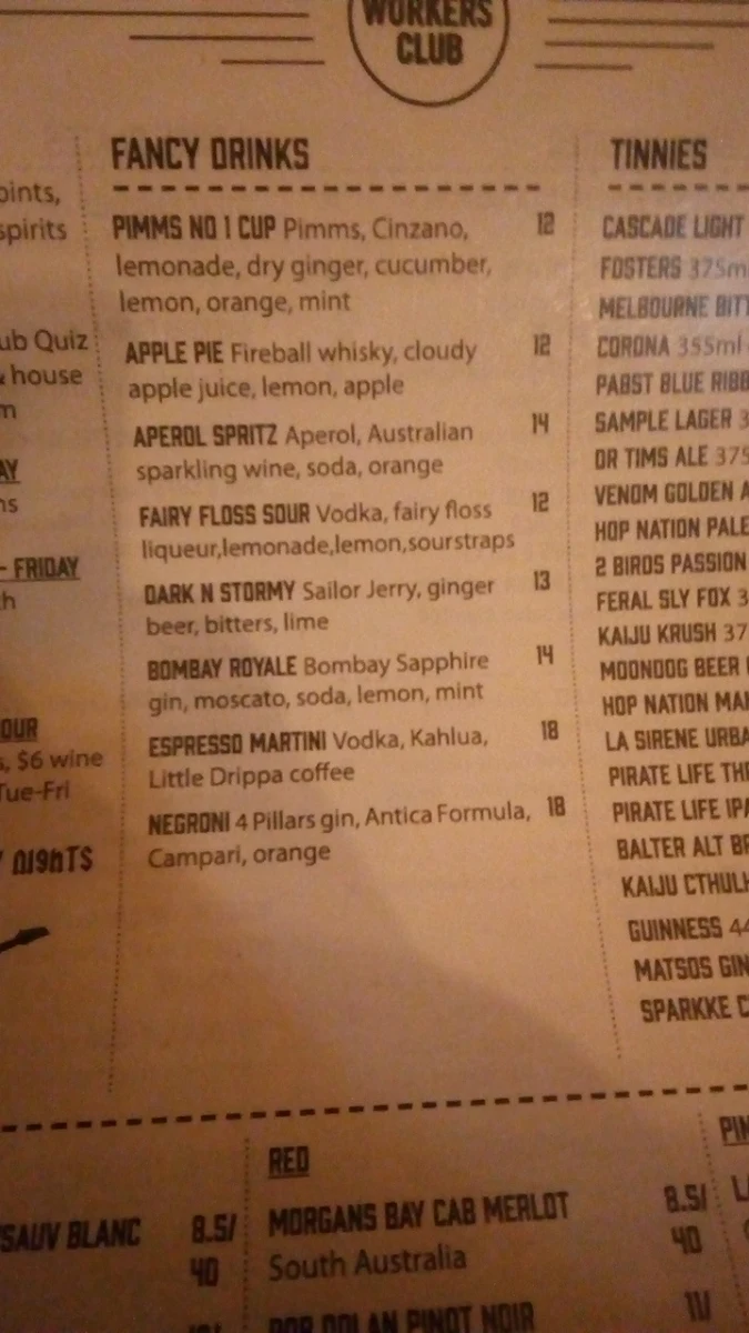 Menu, The Workers Club