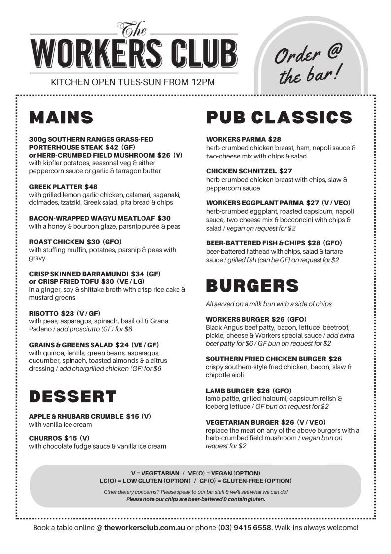 Menu, The Workers Club