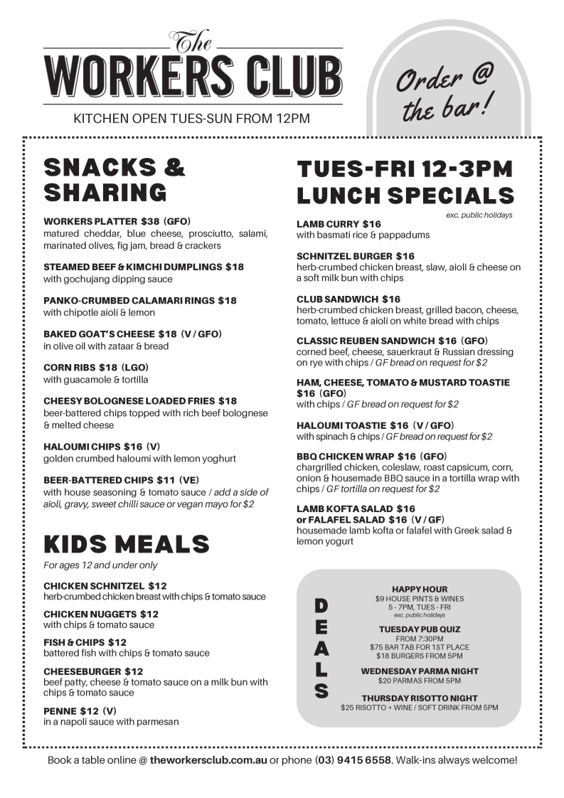 Menu, The Workers Club