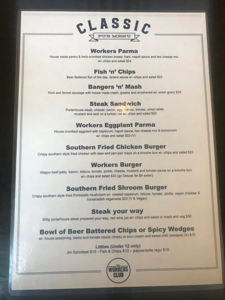 Menu, The Workers Club