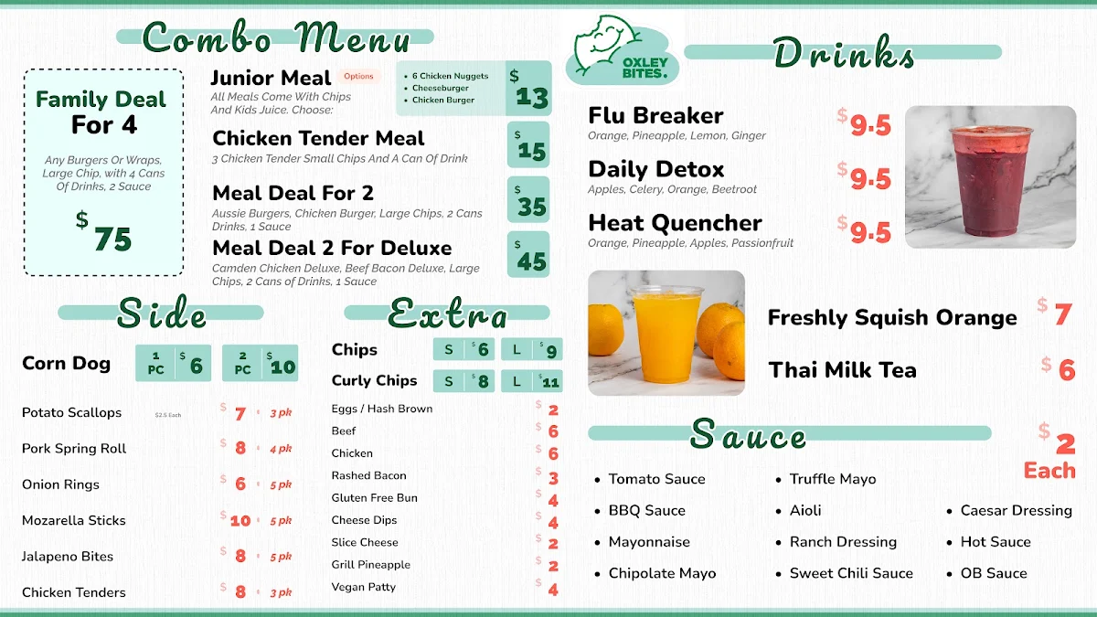 Menu, Oxley Bites