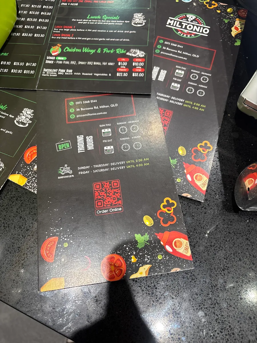 Menu, Pizza Miltonio