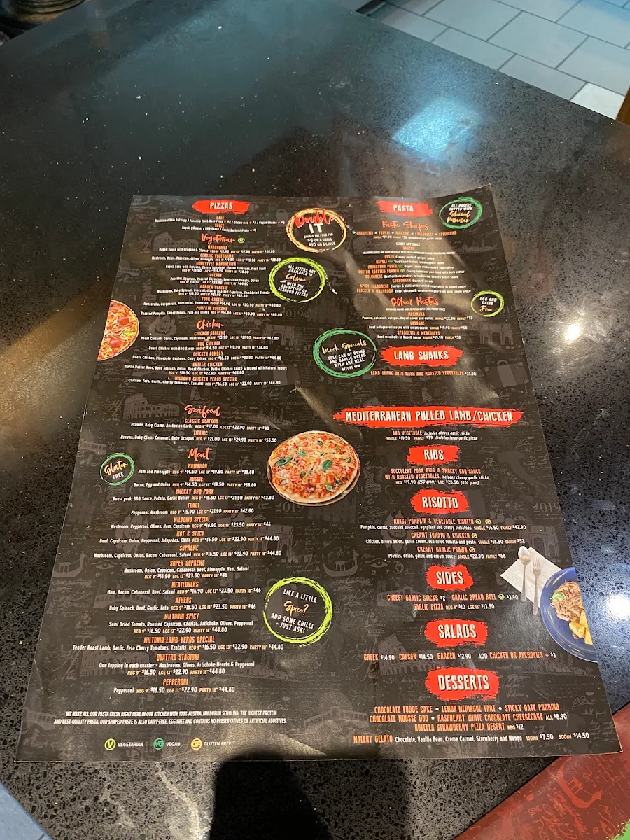 Menu, Pizza Miltonio