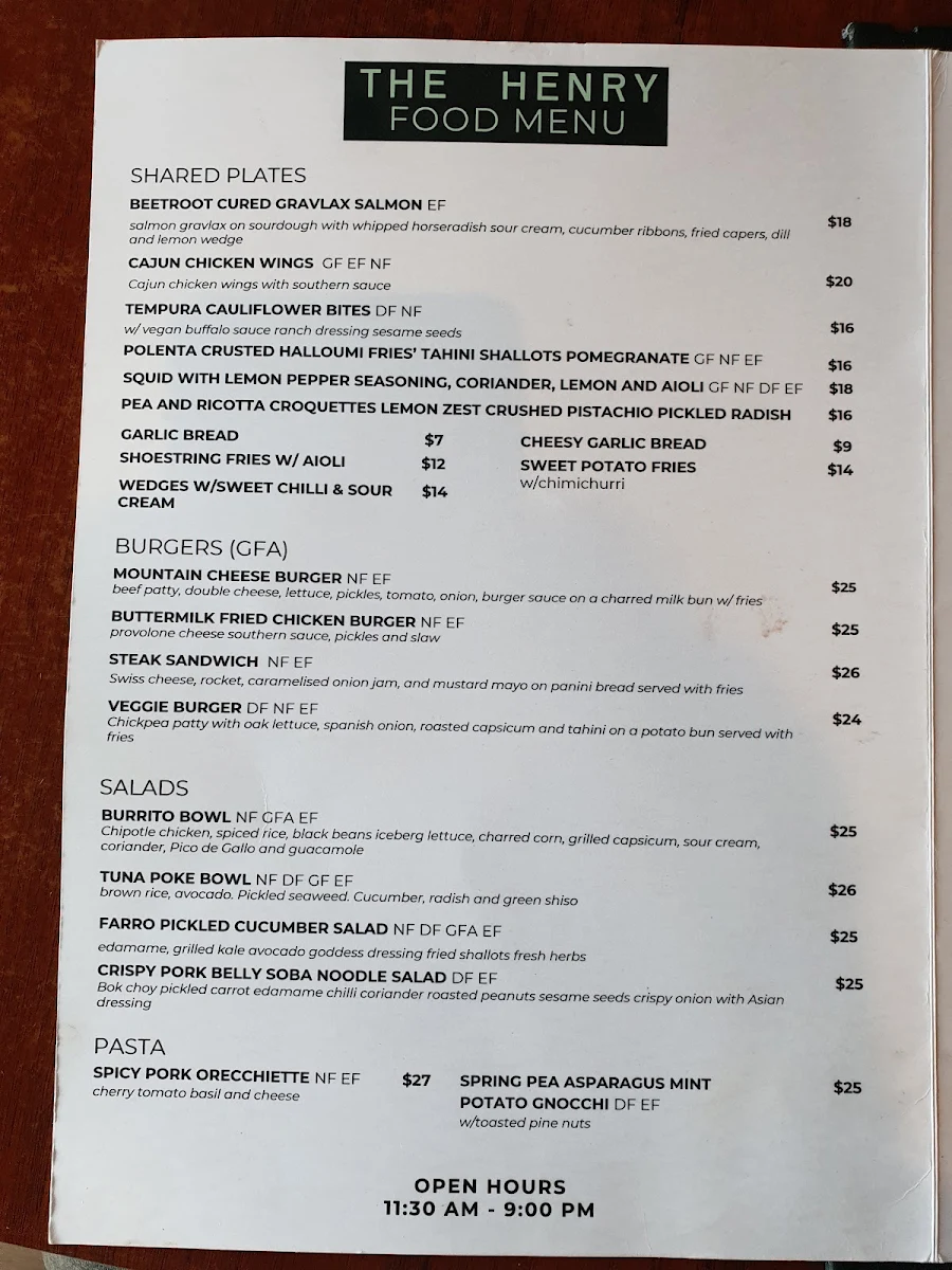 Menu, The Henry Blue Mountains