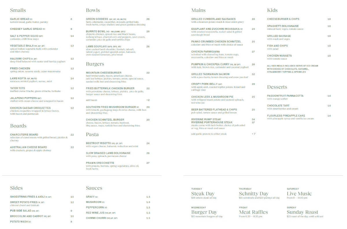 Menu, The Henry Blue Mountains