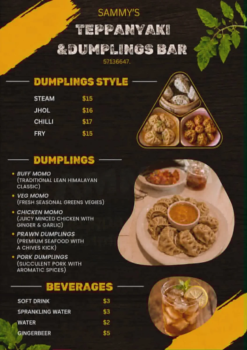 Menu, Sammy's Teppanyaki & Dumpling Bar