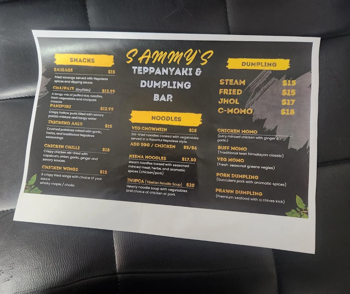Menu, Sammy's Teppanyaki & Dumpling Bar