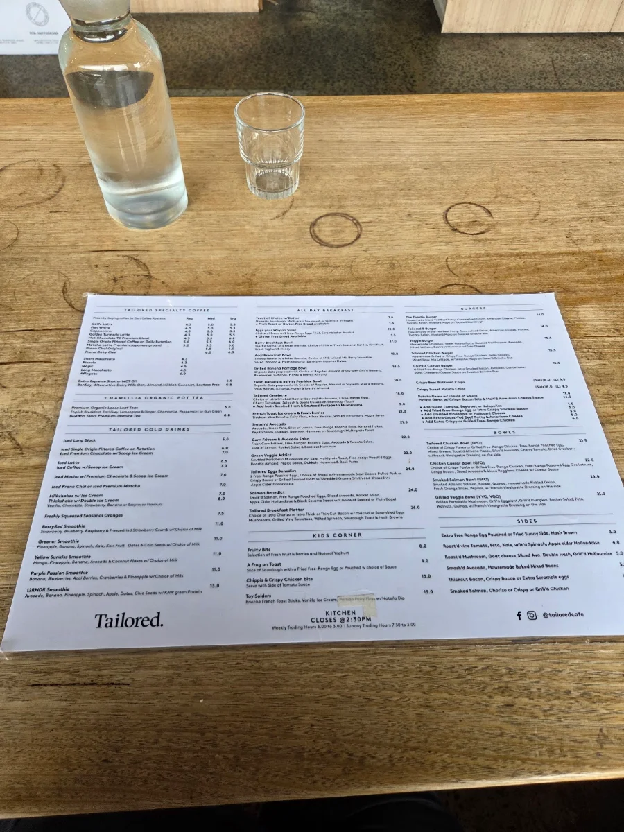 Menu, Tailored Cafe