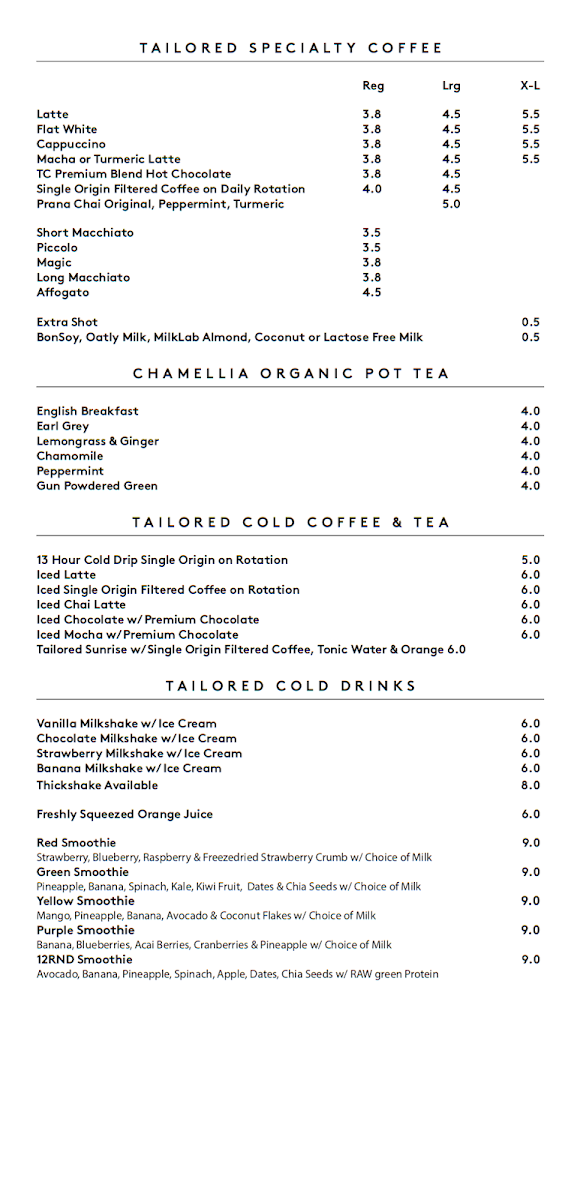 Menu, Tailored Cafe
