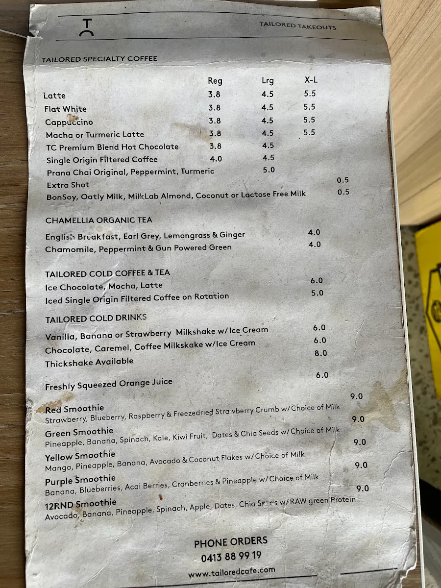 Menu, Tailored Cafe