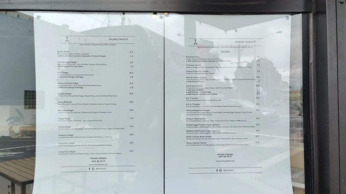 Menu, Tailored Cafe