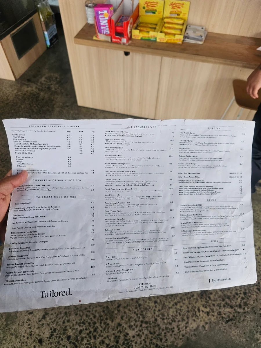 Menu, Tailored Cafe