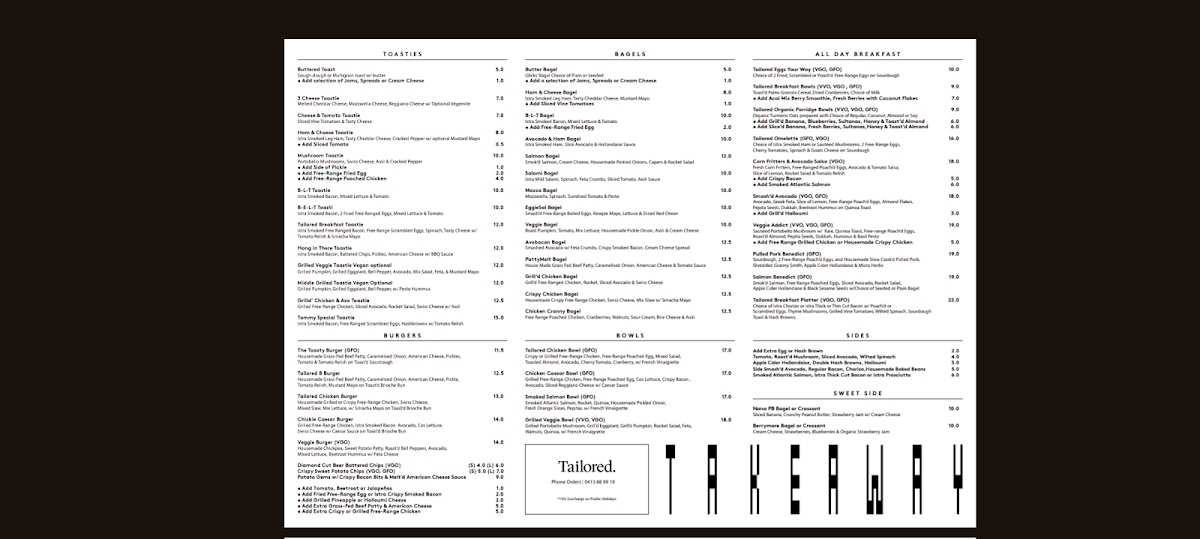 Menu, Tailored Cafe