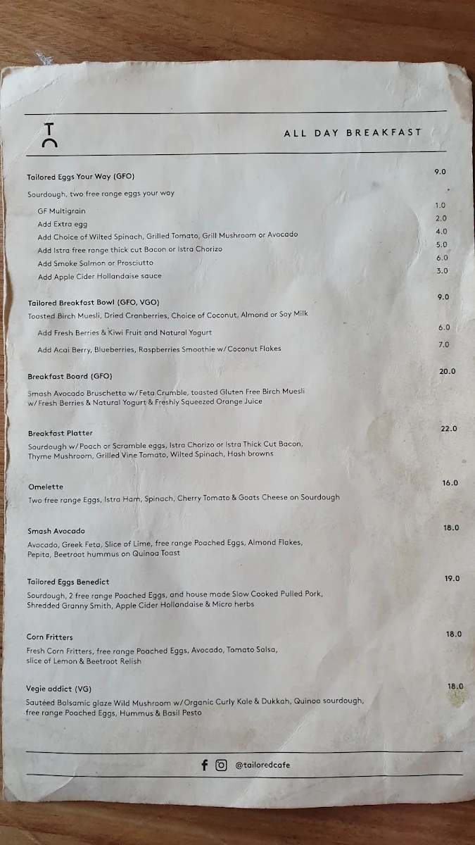 Menu, Tailored Cafe