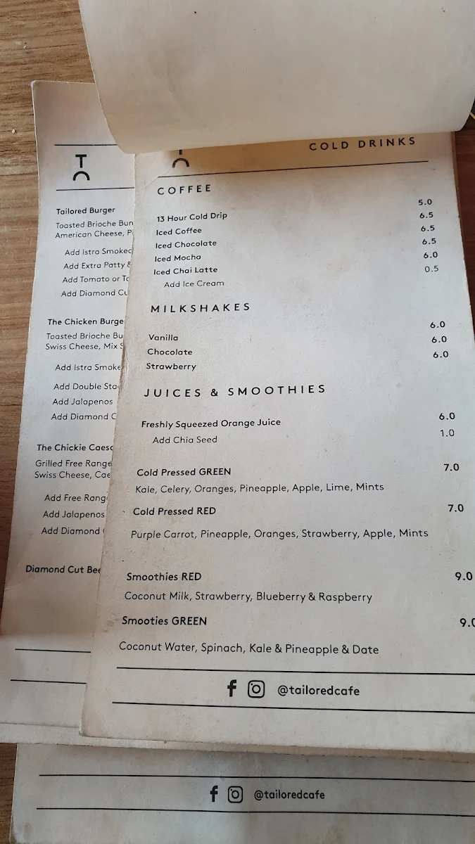Menu, Tailored Cafe