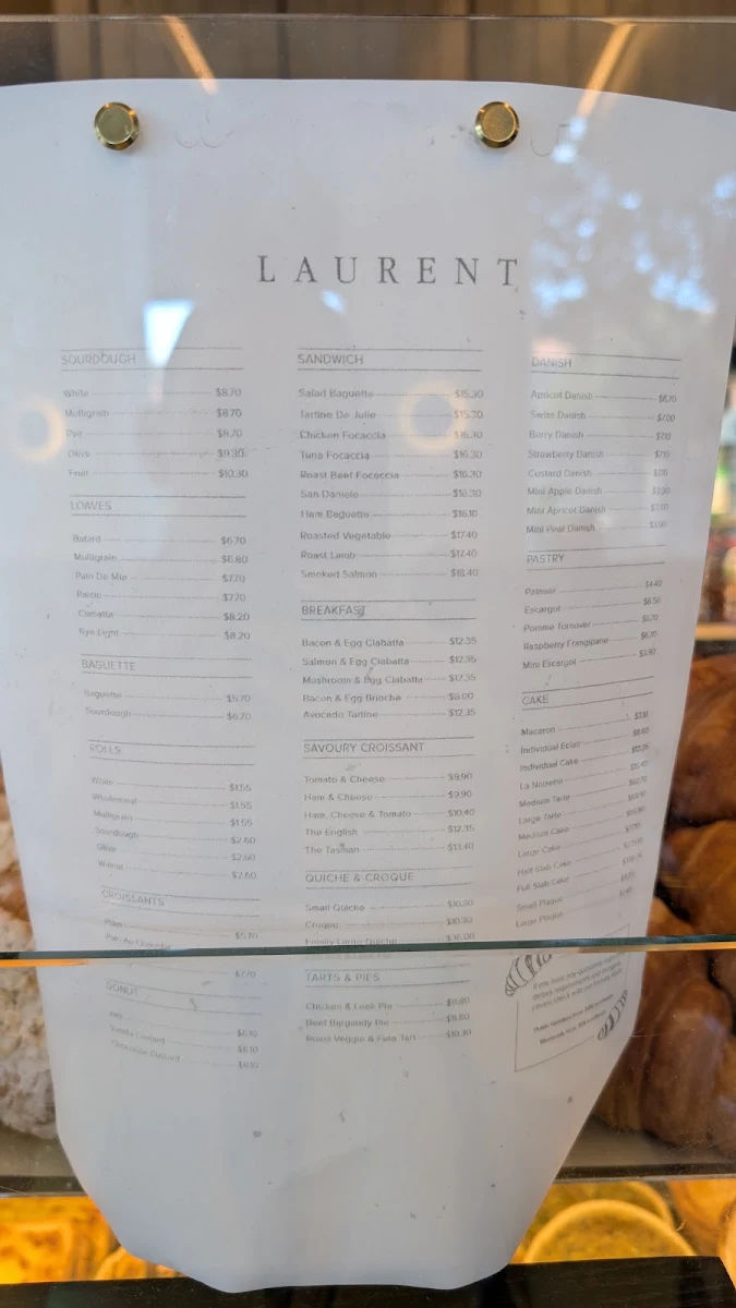 Menu, Laurent Bakery Albert Park