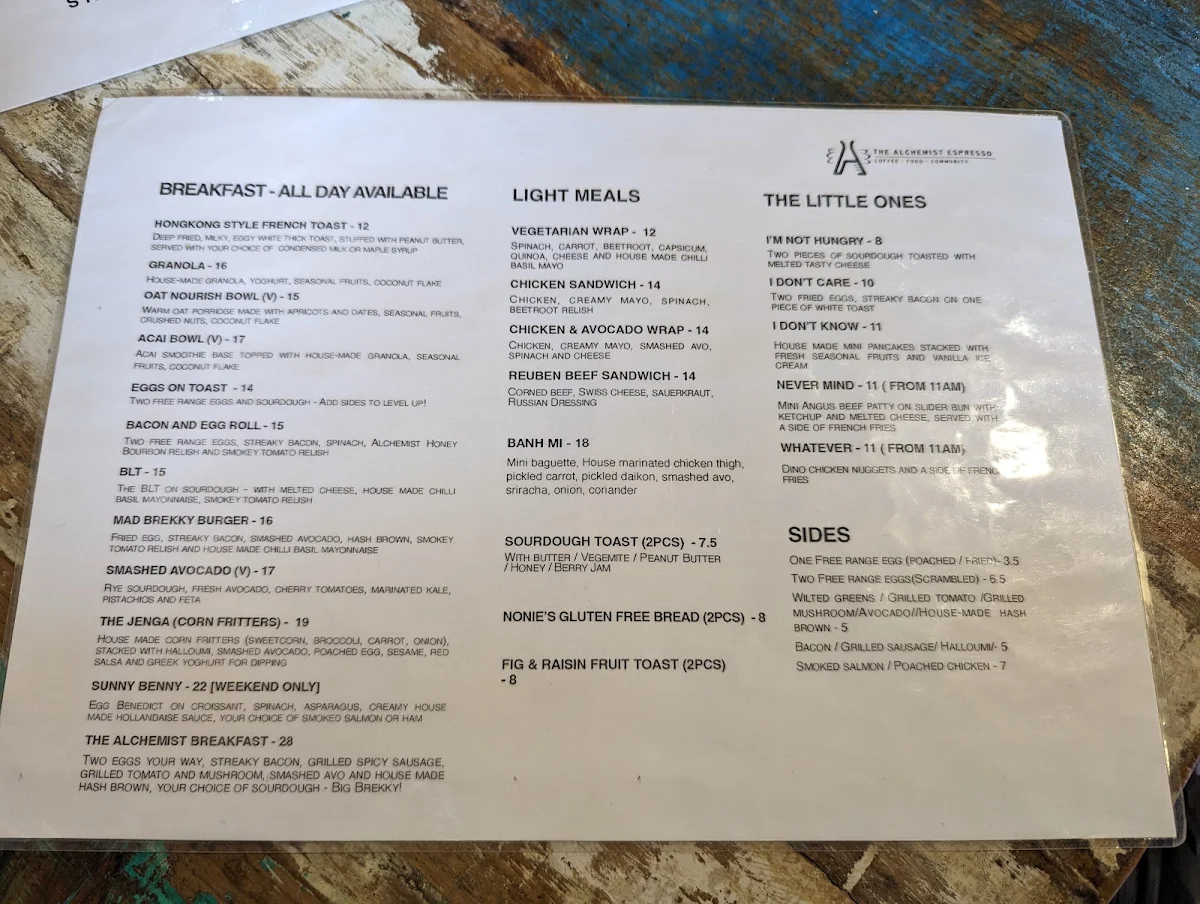 Menu, The Alchemist Espresso