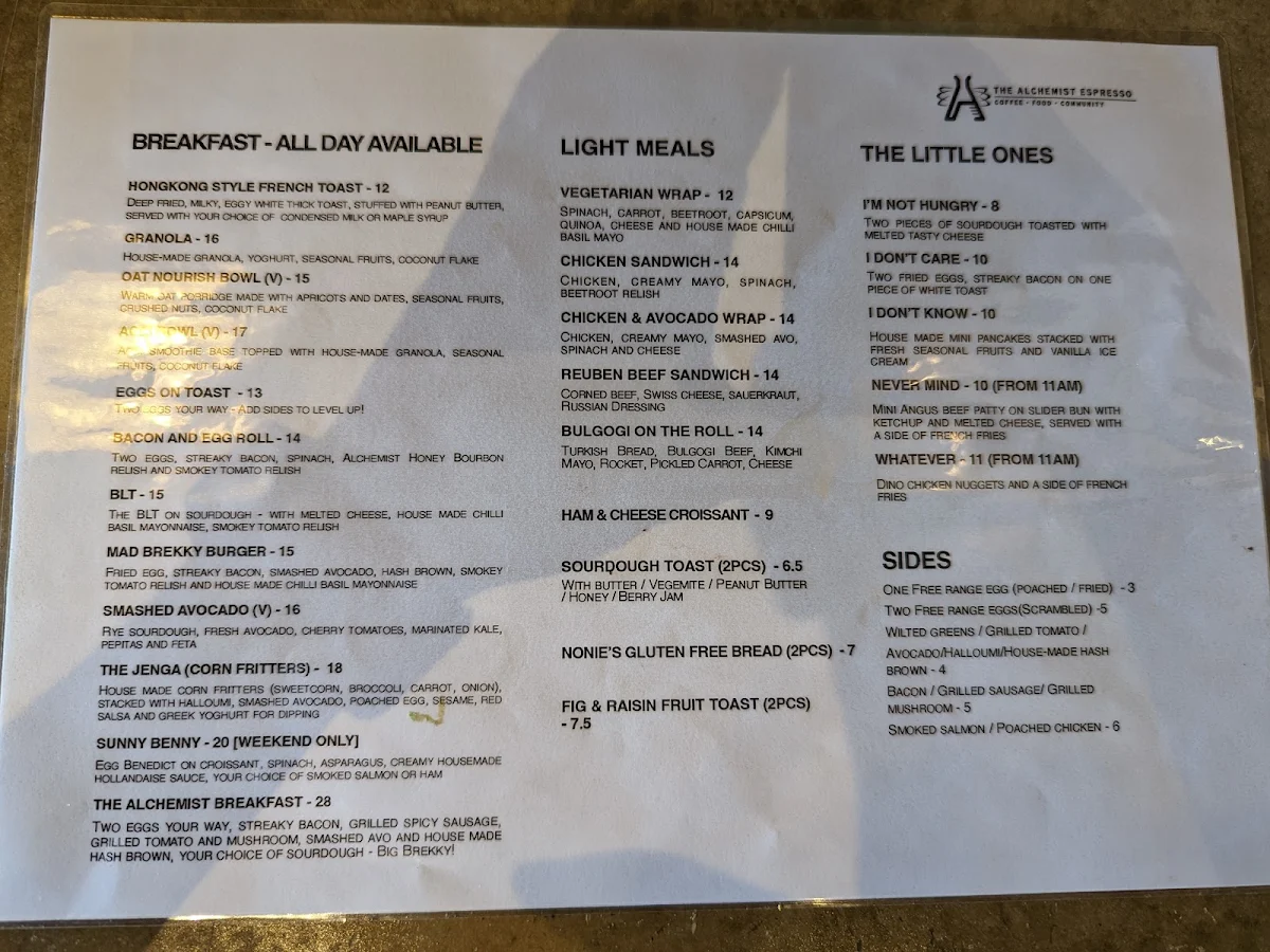 Menu, The Alchemist Espresso