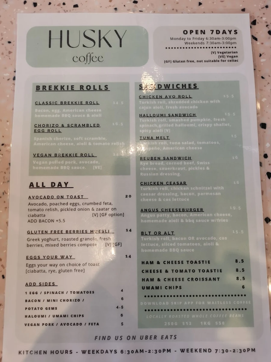 Menu, Husky Coffee
