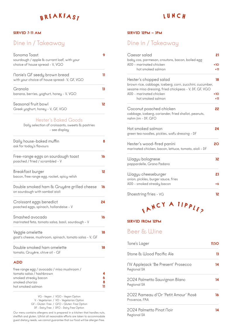 Menu, Hester's Cafe Sydney