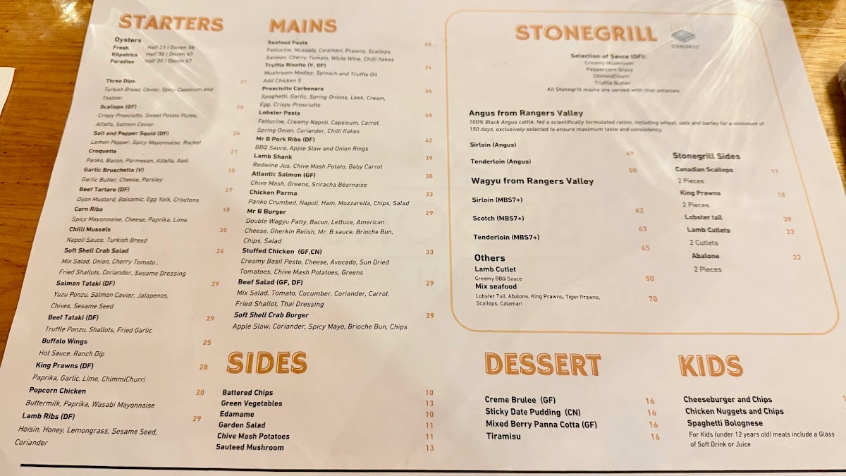 Menu, Mr Brooks Stonegrill & Bar