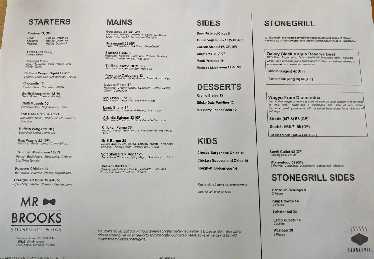 Menu, Mr Brooks Stonegrill & Bar