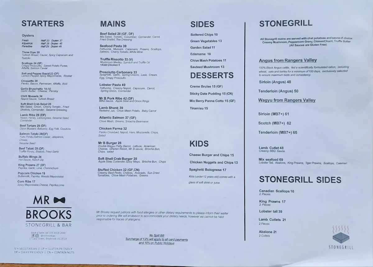 Menu, Mr Brooks Stonegrill & Bar