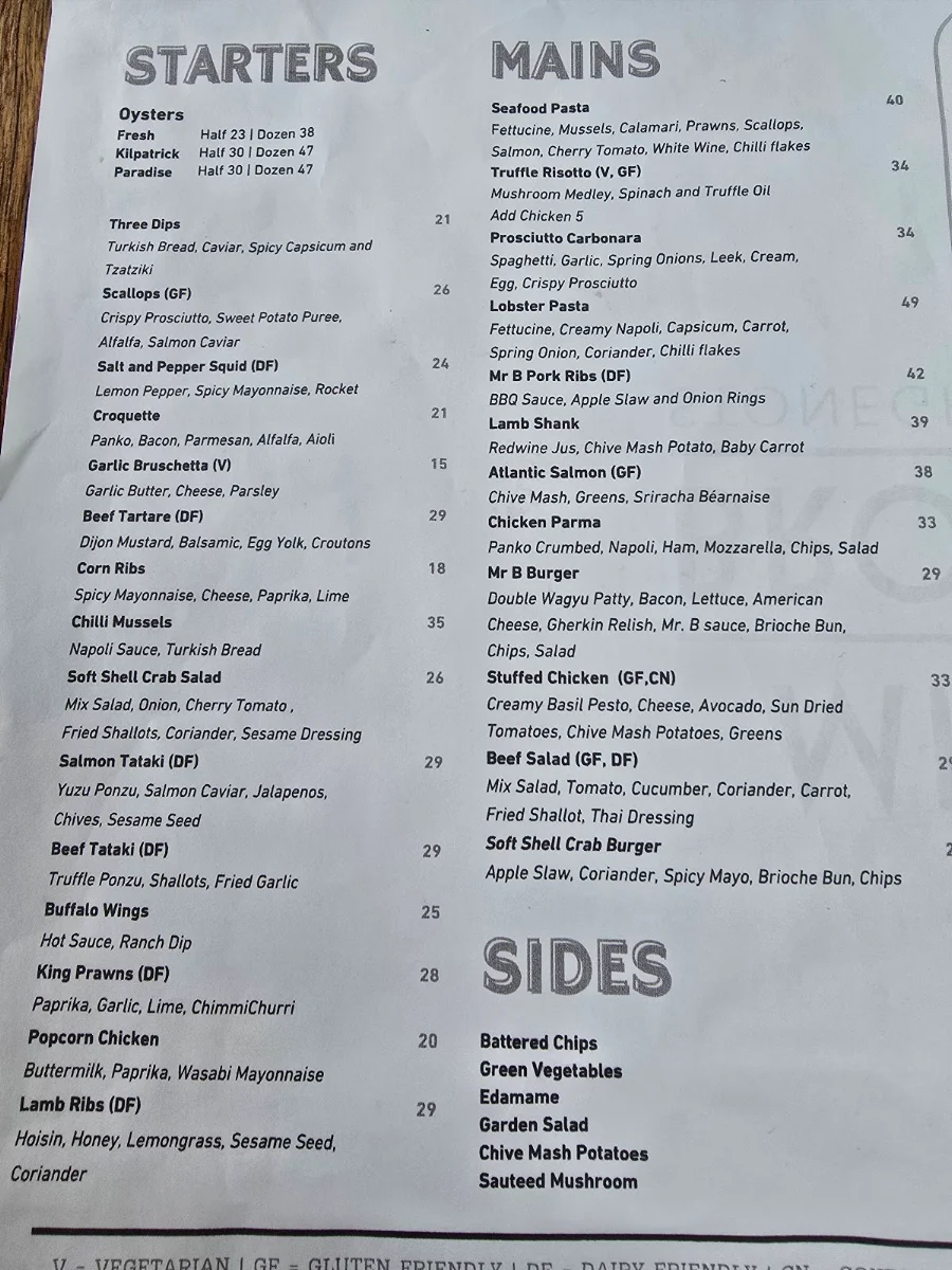 Menu, Mr Brooks Stonegrill & Bar