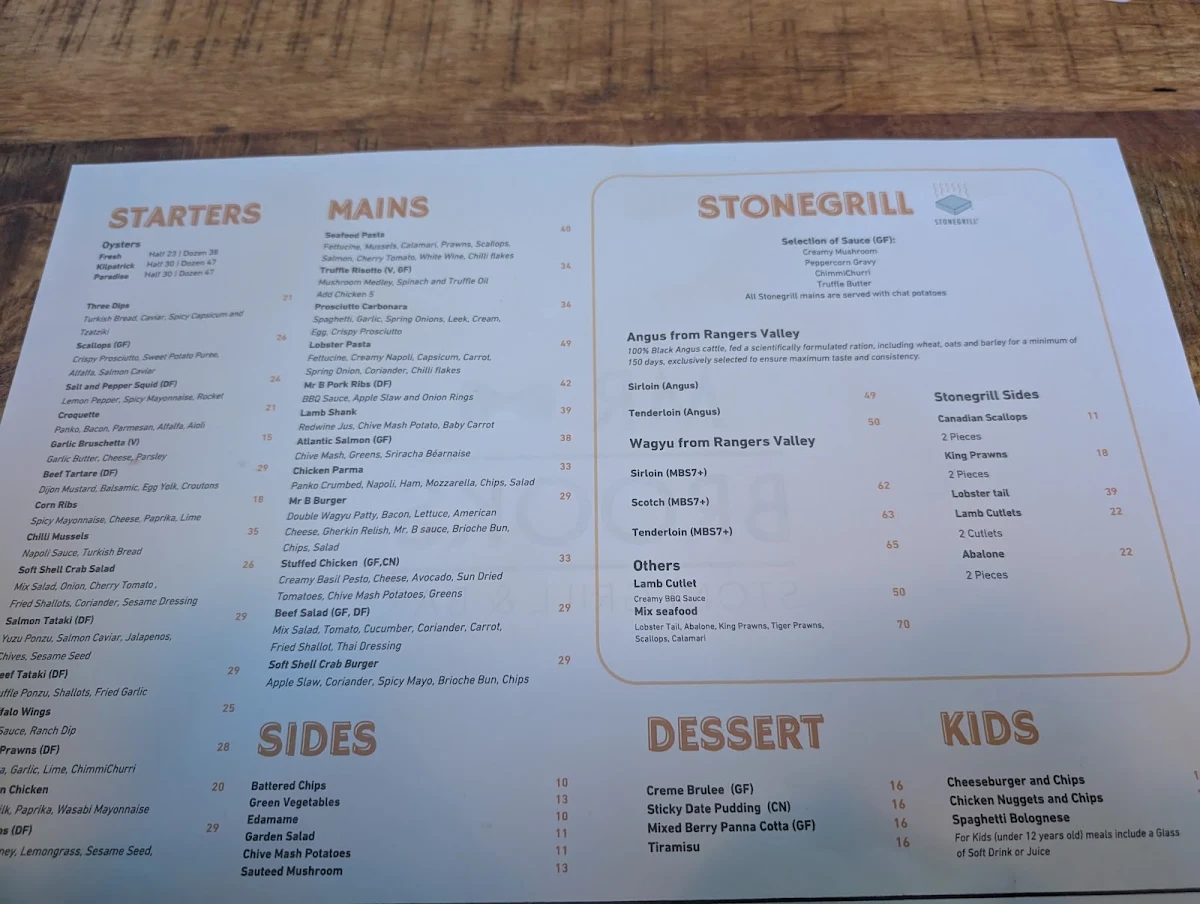 Menu, Mr Brooks Stonegrill & Bar