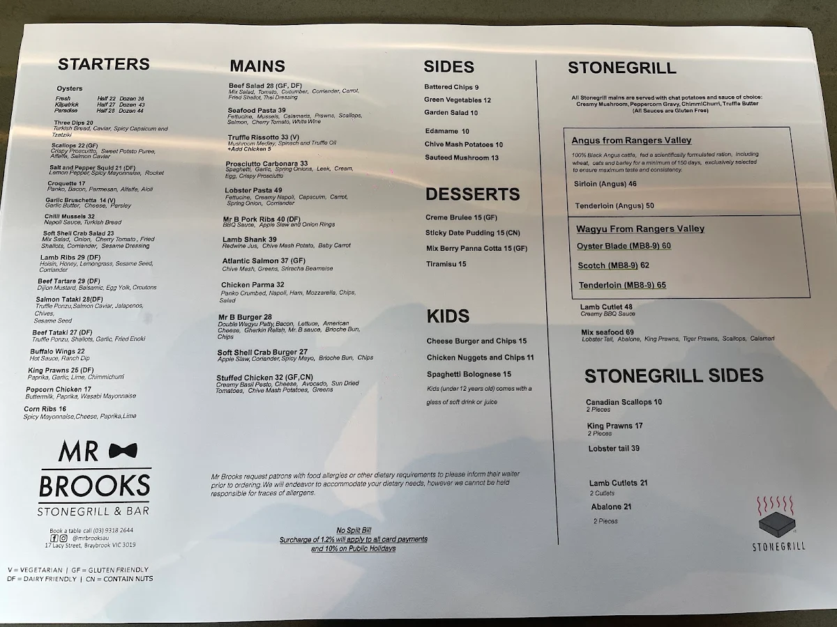 Menu, Mr Brooks Stonegrill & Bar