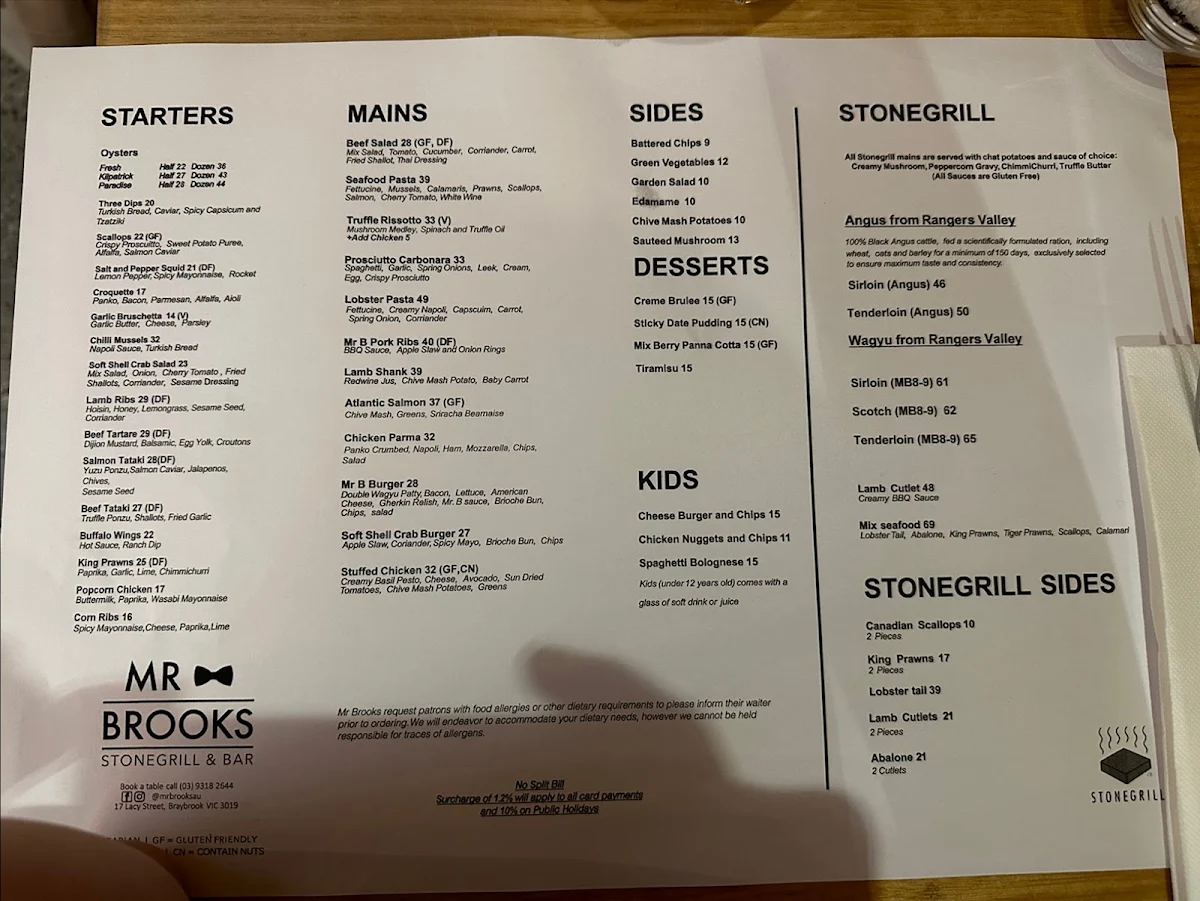 Menu, Mr Brooks Stonegrill & Bar