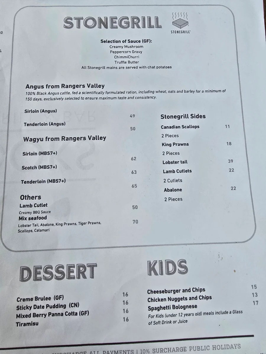 Menu, Mr Brooks Stonegrill & Bar