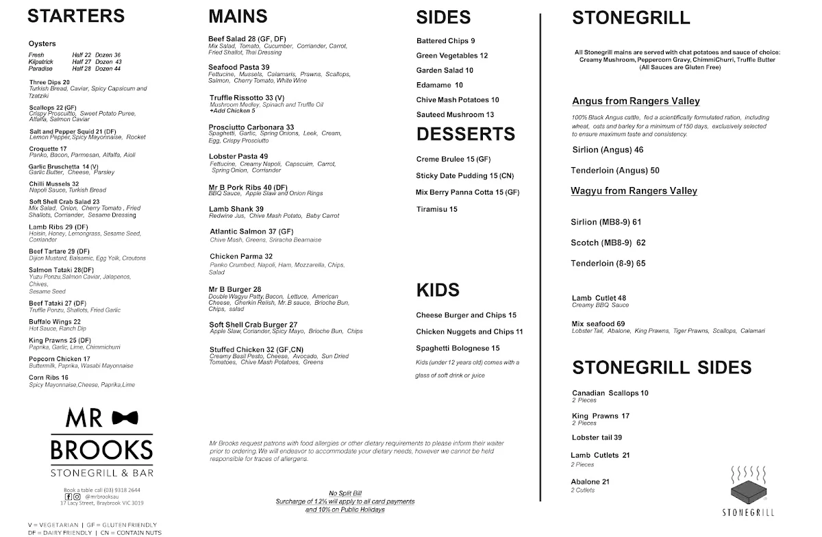 Menu, Mr Brooks Stonegrill & Bar