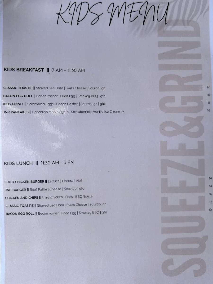 Menu, Squeeze & Grind