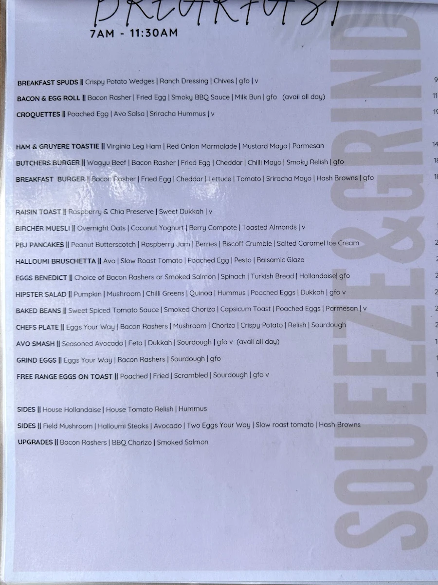 Menu, Squeeze & Grind