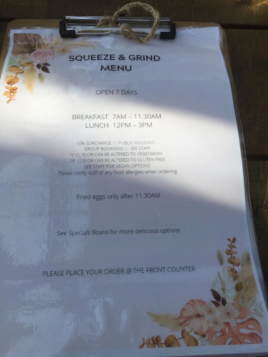 Menu, Squeeze & Grind