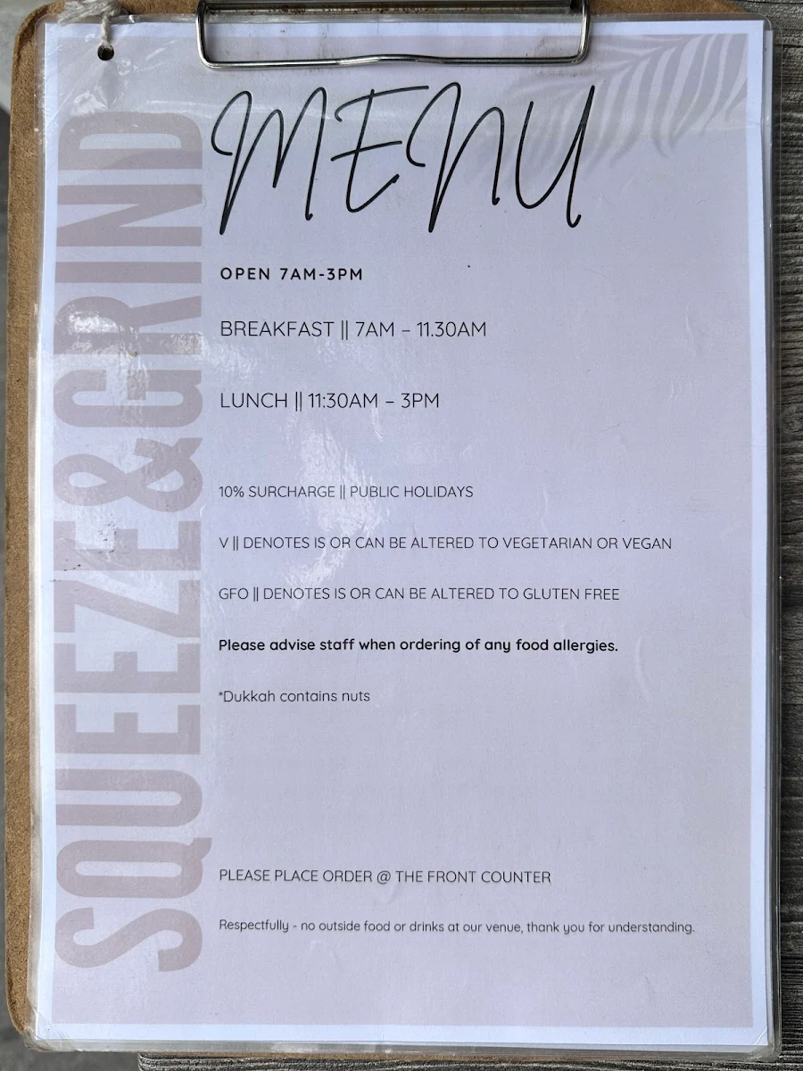 Menu, Squeeze & Grind