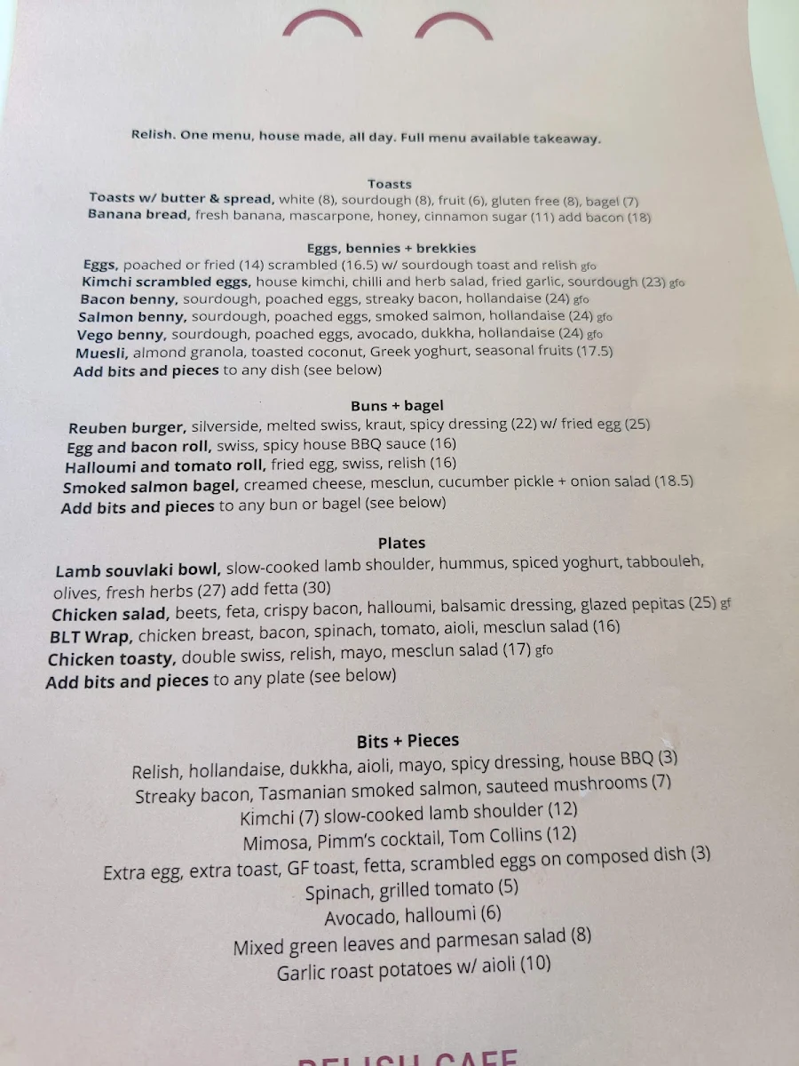 Menu, Relish Cafe