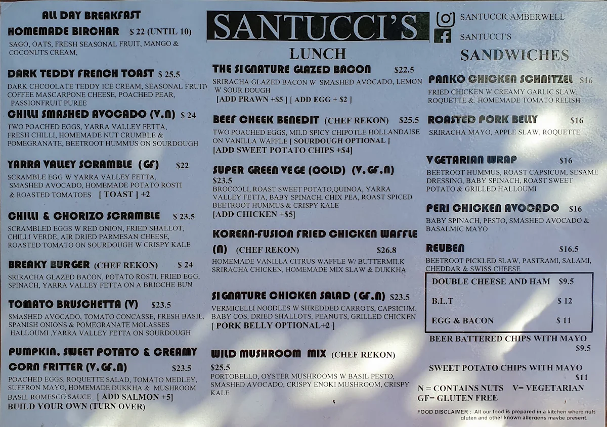 Menu, SANTUCCI‘s