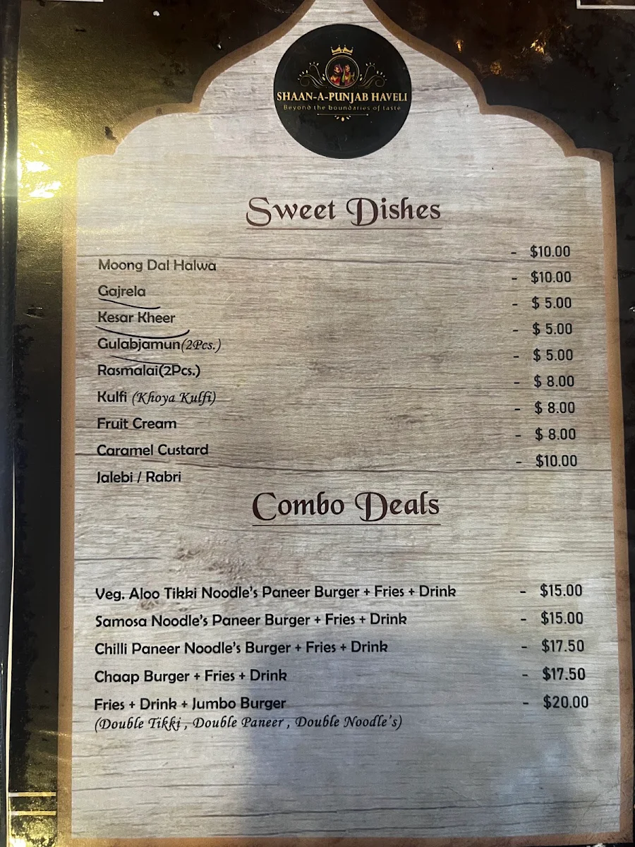 Menu, Shaan-A-Punjab Haveli and Sweet Shop