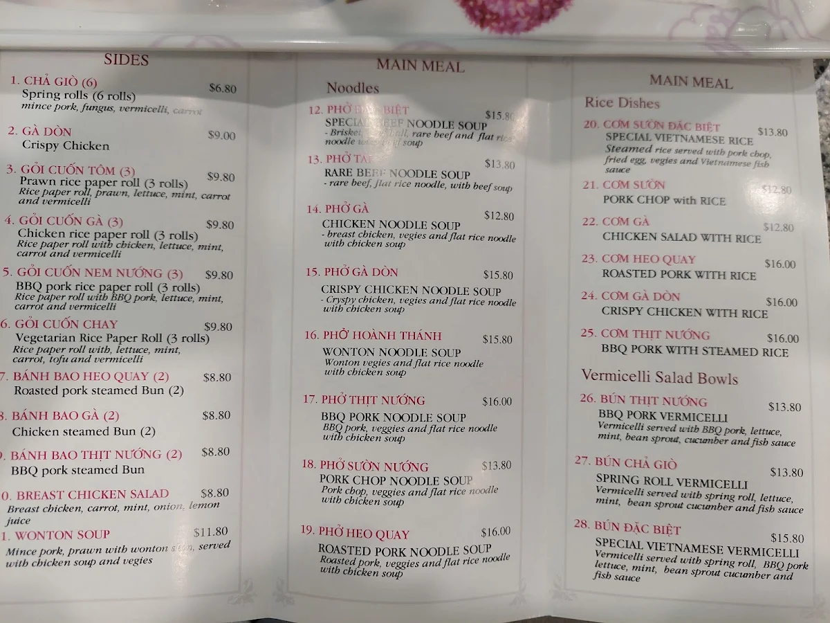 Menu, Pho Penrith