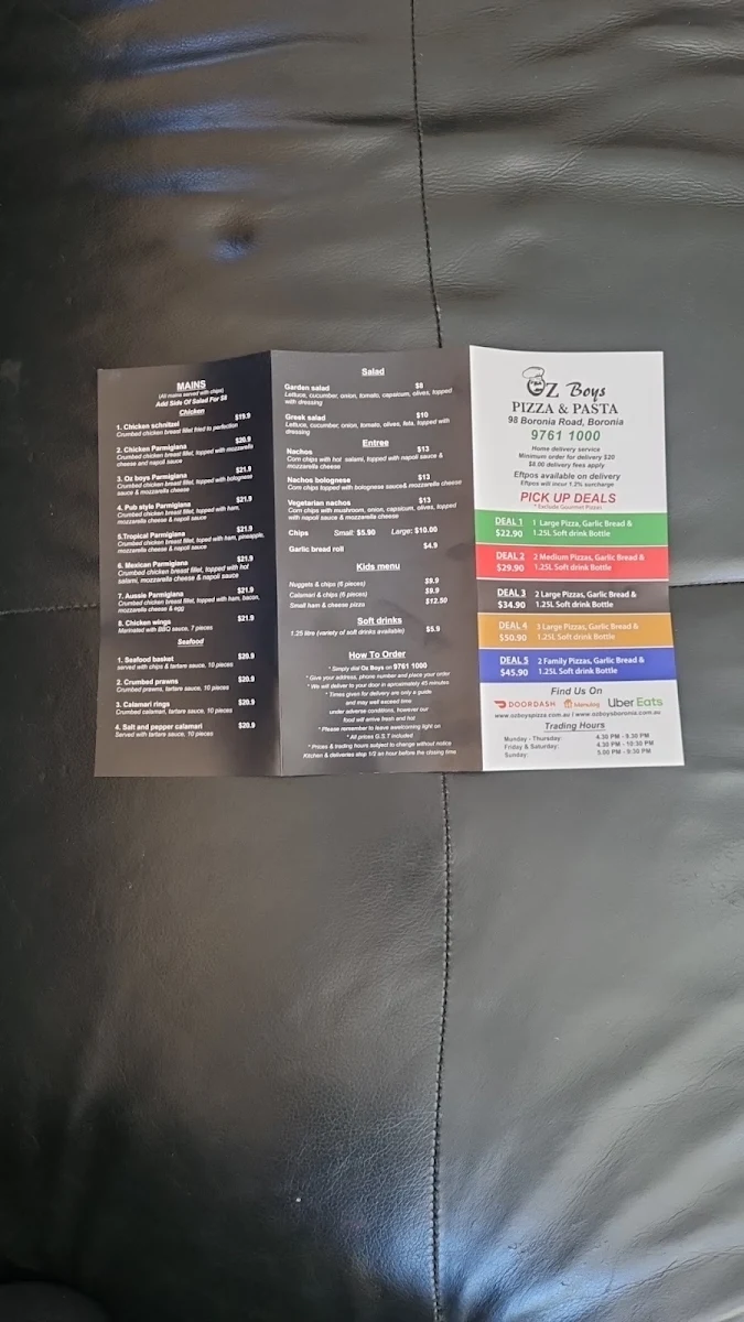 Menu, Oz Boys Pizza and Pasta